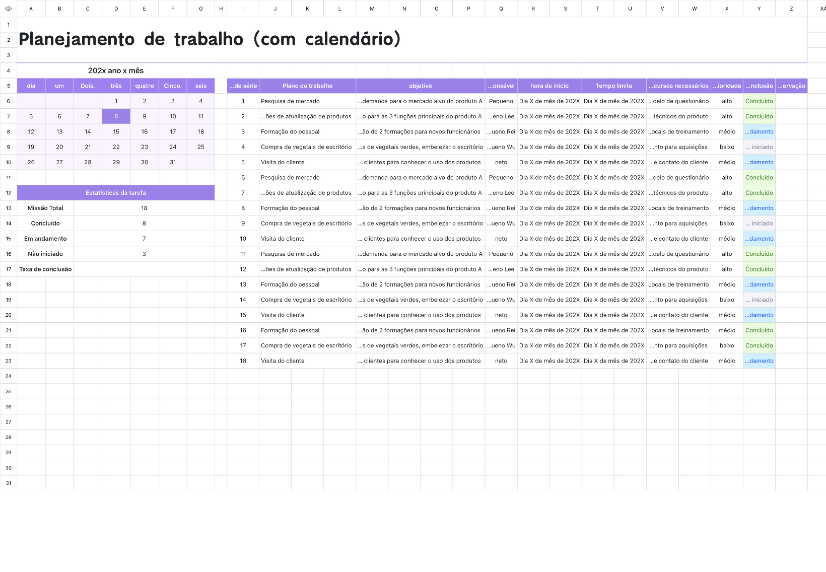 Planejamento de trabalho (com calendário)